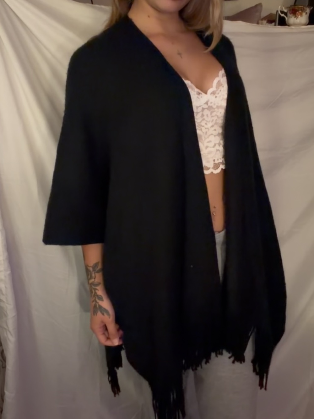 New Vince Camuto Black Poncho Sweater with Fringe